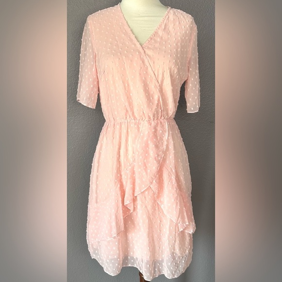 BTFBM Pink Rose Boho Ruffle Dress V-Neck Flared Sleeve Dotted, New - Picture 1 of 11